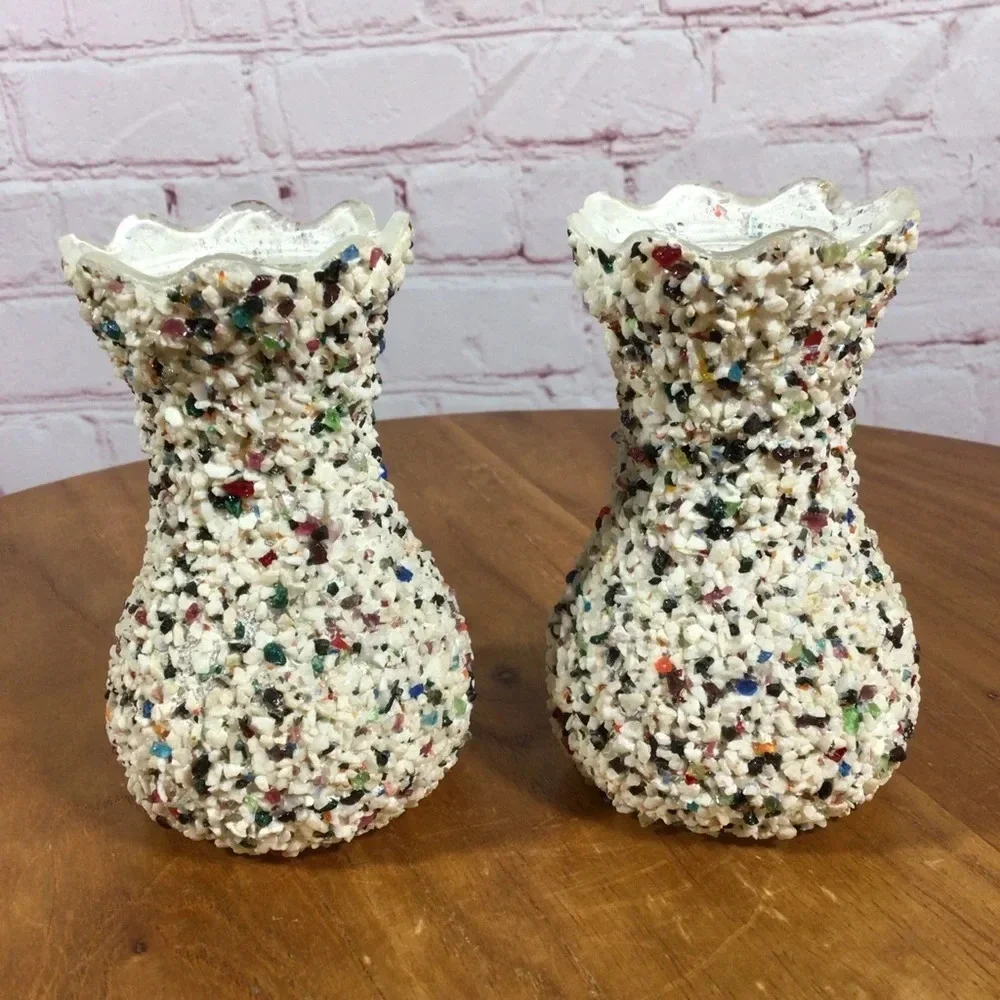 Vintage Colorful Crushed Stone Glass Scalloped Edge Vase Pair